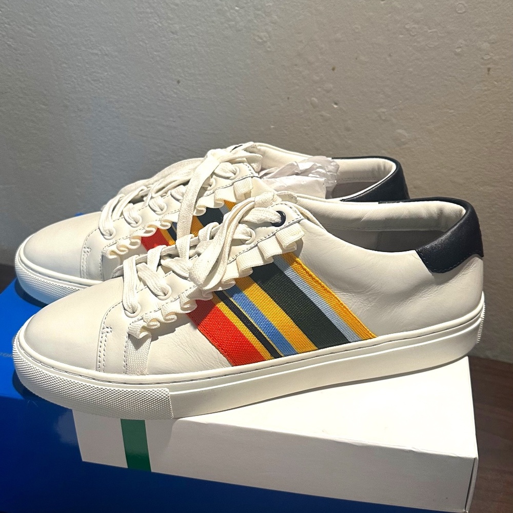 Tory Burch Sport Ruffle Rainbow Striped Low Top Sneakers